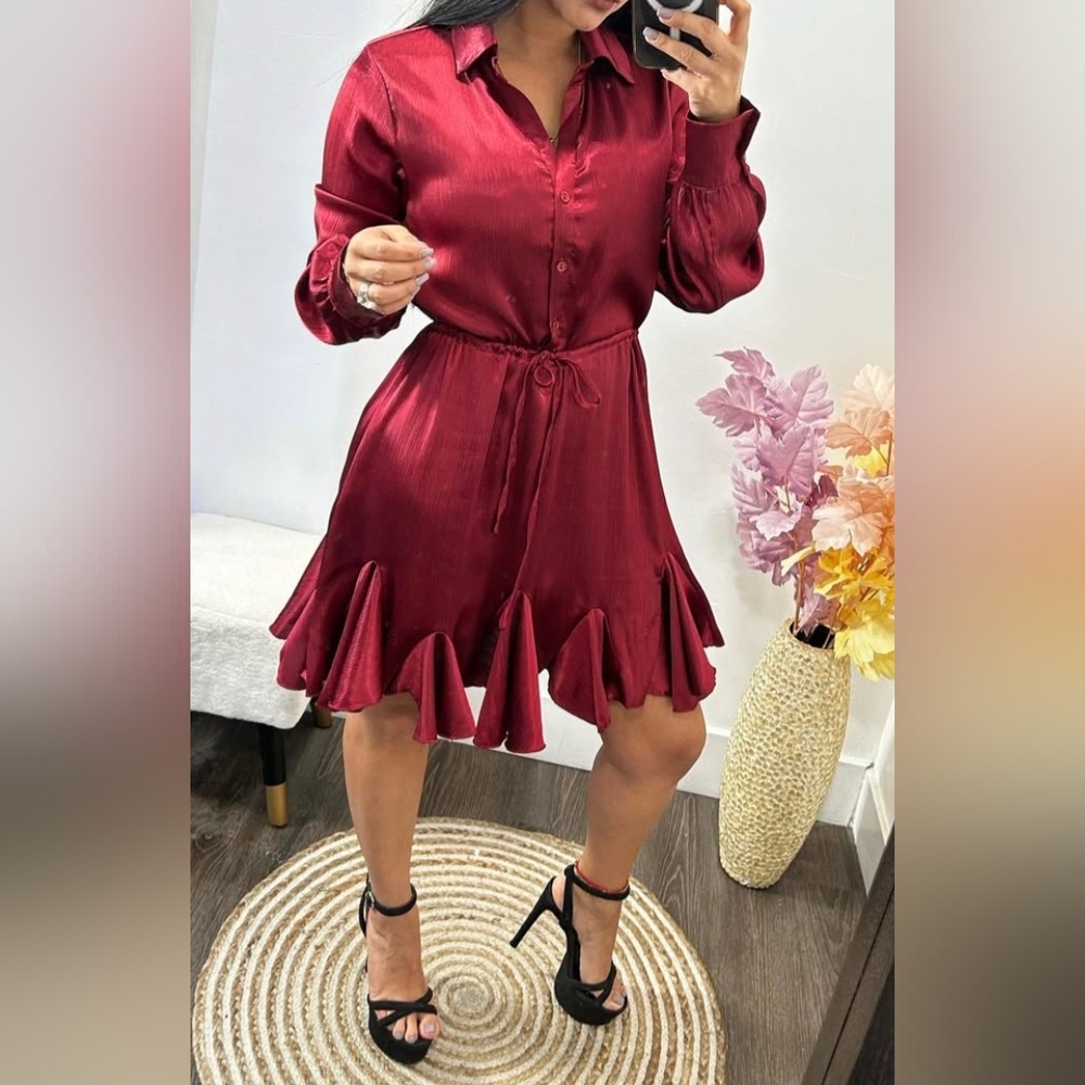 Elegant Satin Burgundy Ruffle Hem Dress